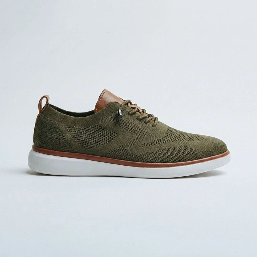 The Cottesloe knit sneaker in olive — side profile, smart-casual men's lace-up shoe