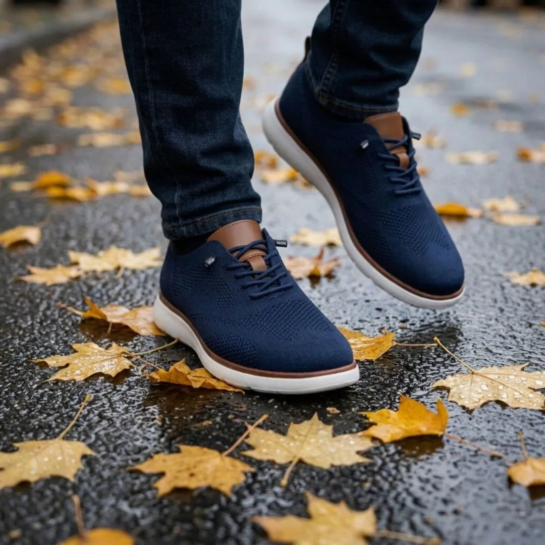 The Cottesloe knit sneaker in Navy — worn with chinos, smart-casual styling