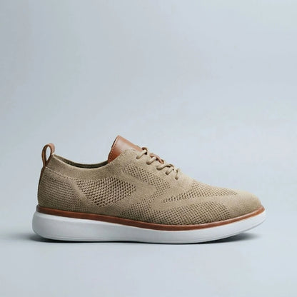 The Cottesloe knit sneaker in Sand — side profile, breathable men's office sneaker
