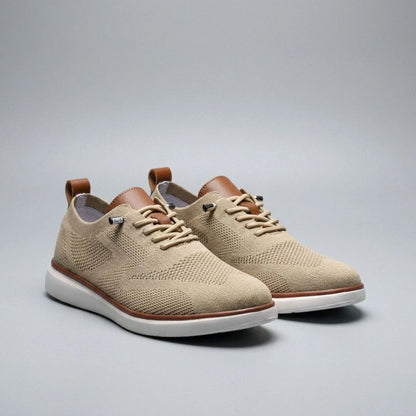 The Cottesloe knit sneaker in Sand — side profile, breathable men's office sneaker