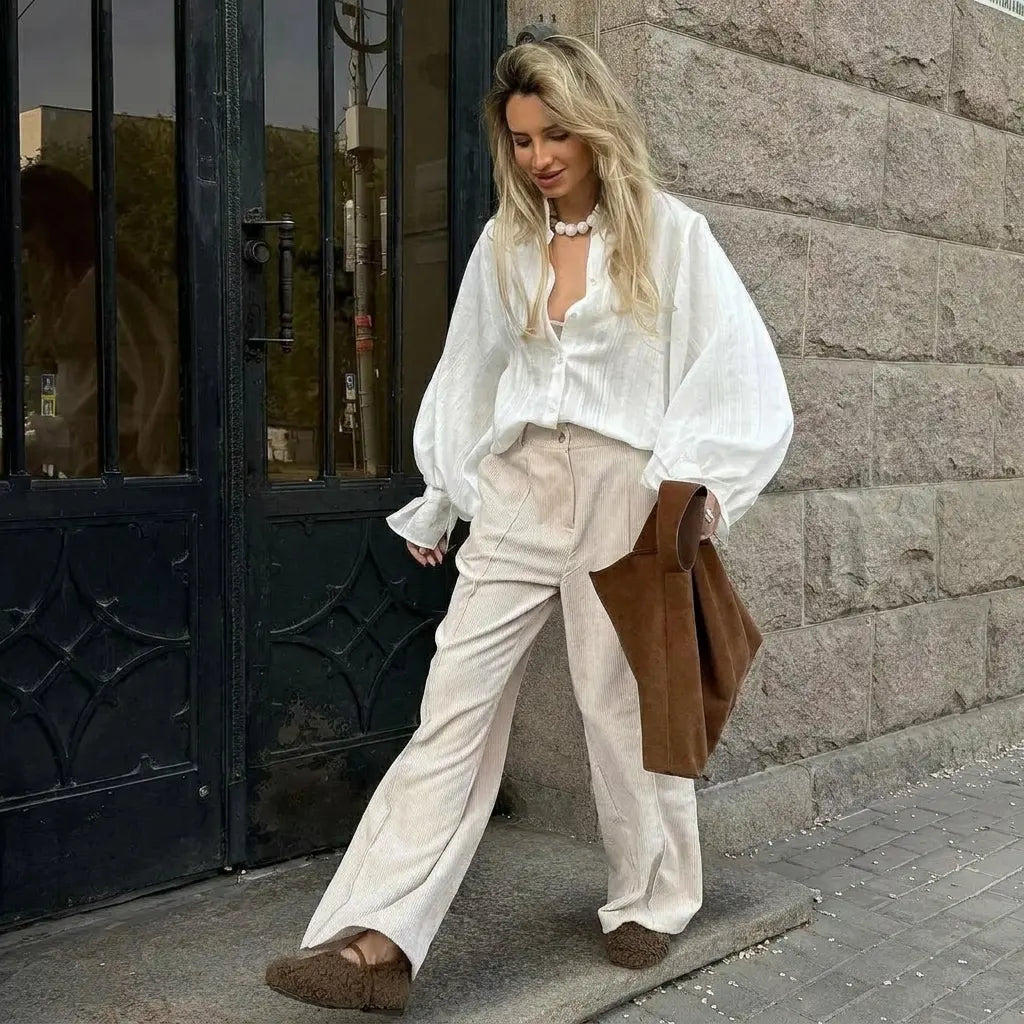 Oversized Cotton Puff Sleeve Shirt - White