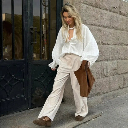 Oversized Cotton Puff Sleeve Shirt - White
