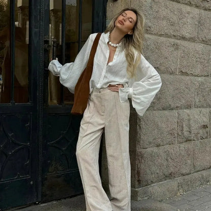 Oversized Cotton Puff Sleeve Shirt - White